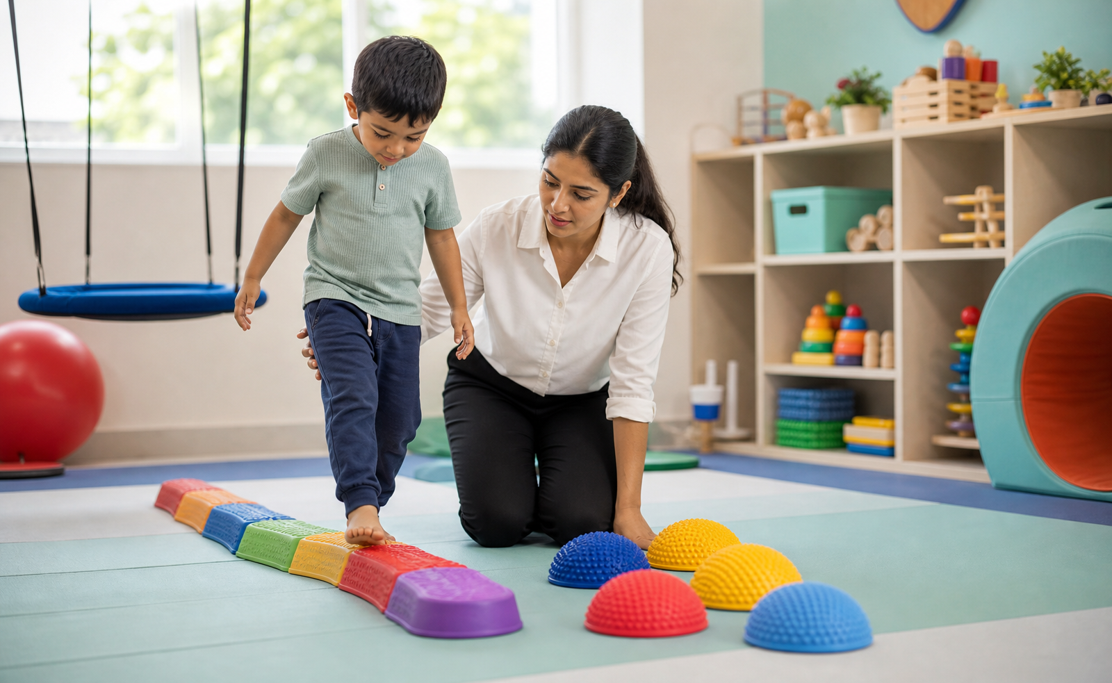 Occupational therapist guiding a sensory-motor activity