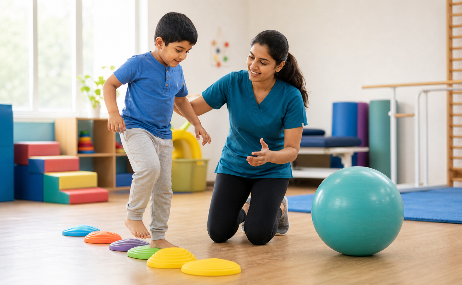 Physiotherapist supporting movement and confidence in a child