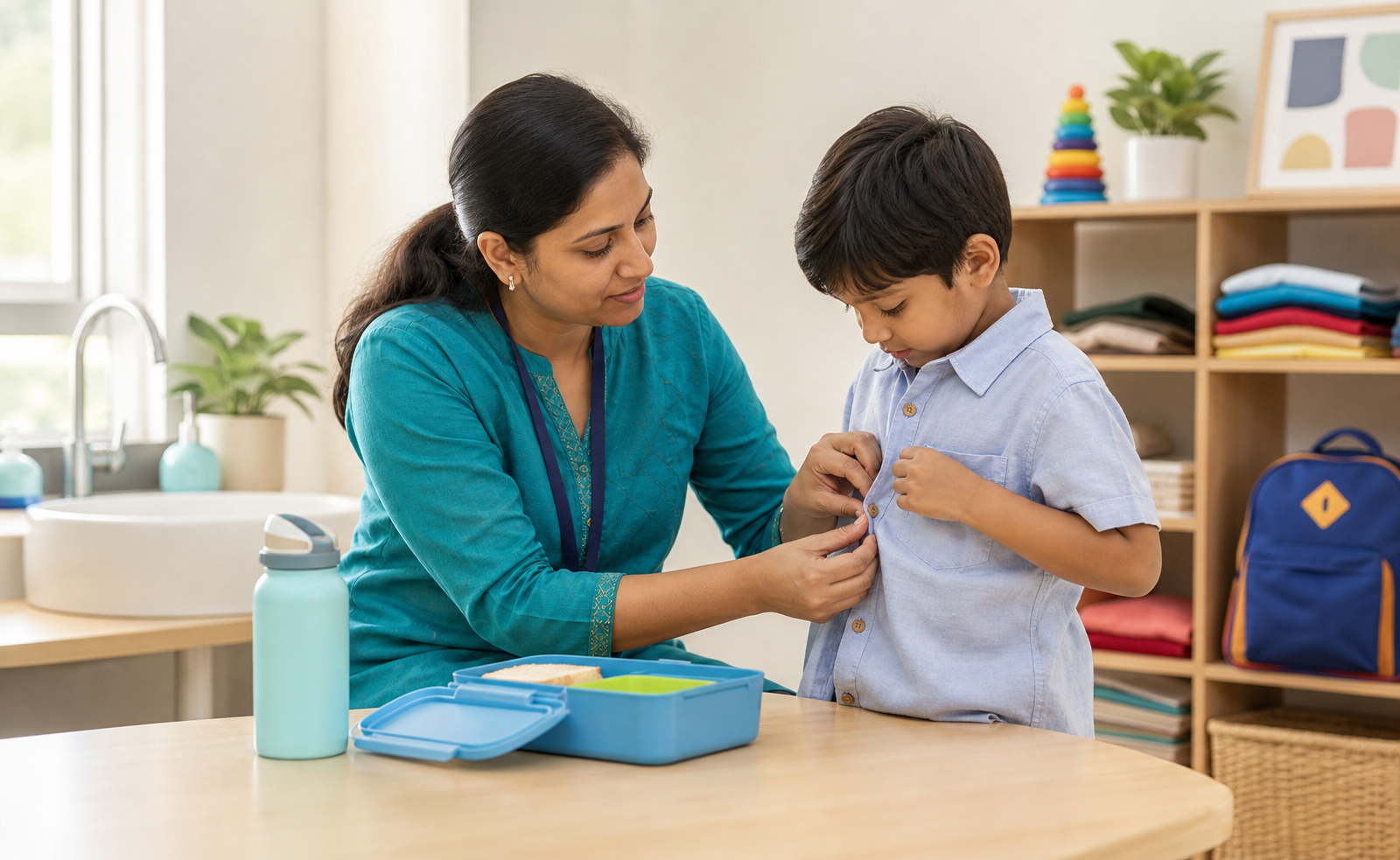 Educator helping a child practice self-help skills