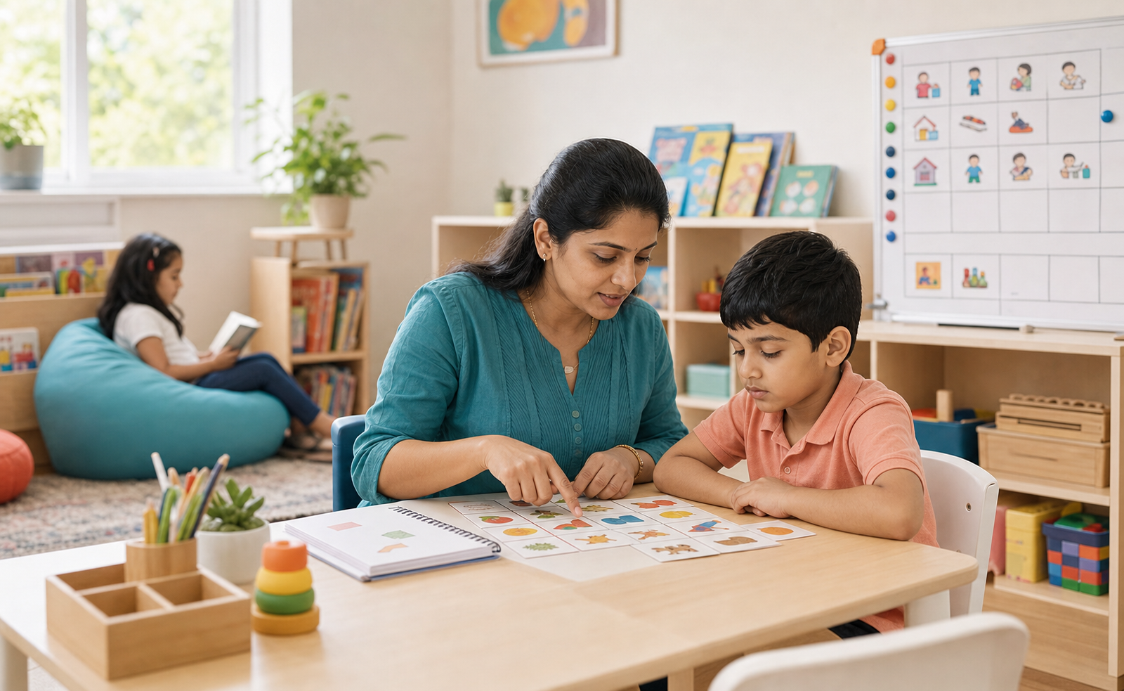 Special educator teaching a child with visual learning materials