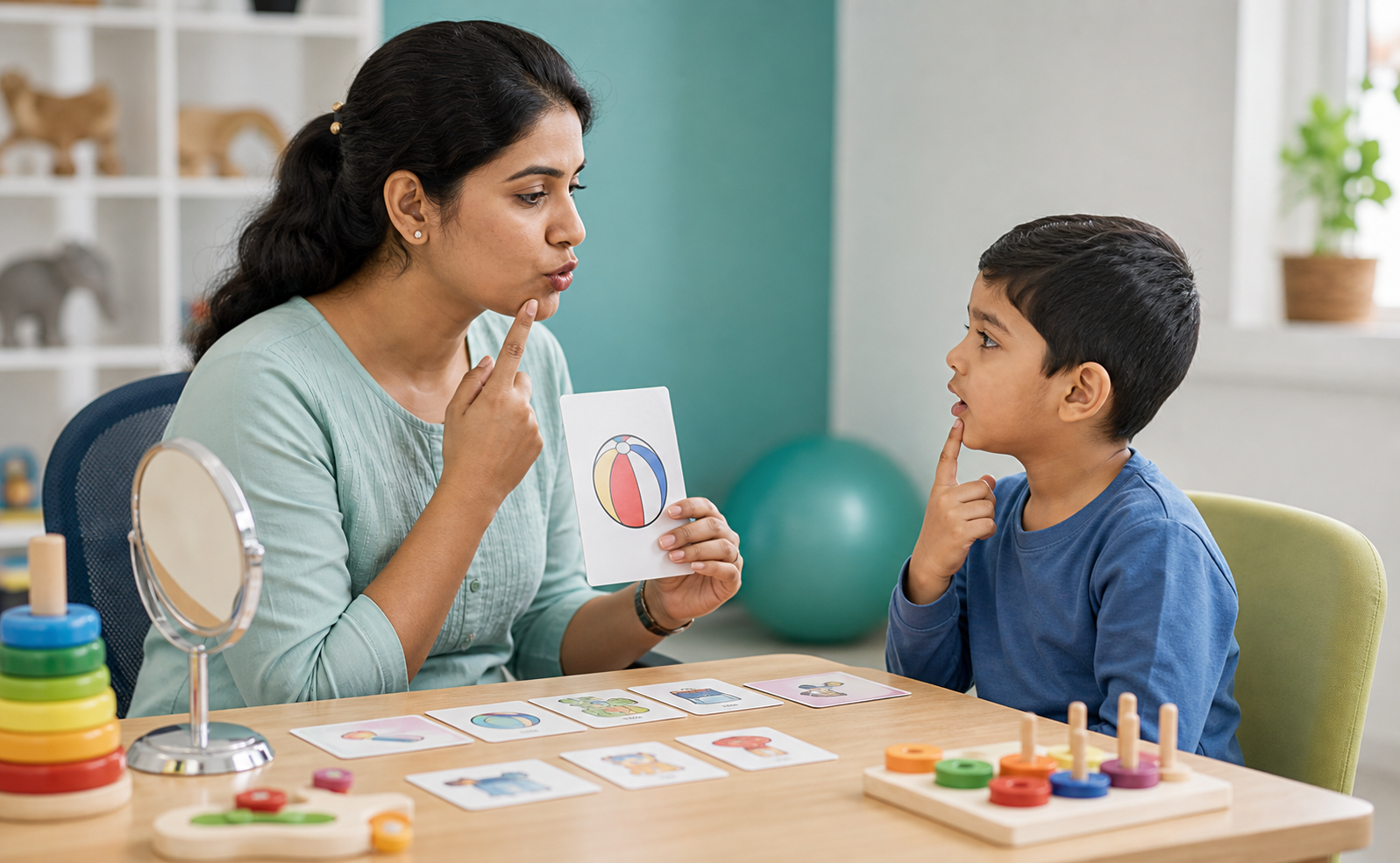 Speech therapist working with a child in a special school